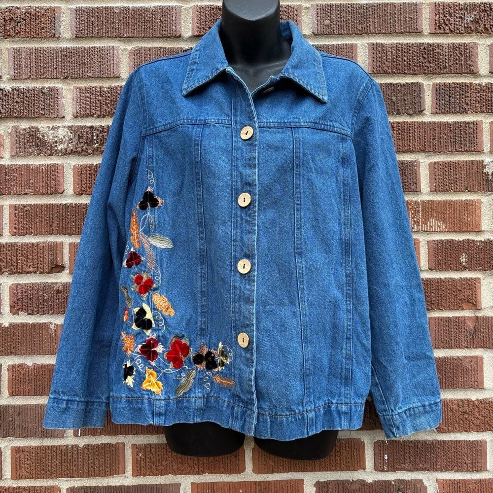 Tantrums Women's Size Large Denim Jacket Embroidered Leaves 90's Vintage 3D